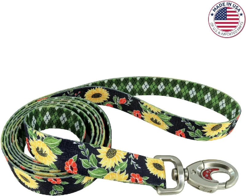 Coastal Sublime Adjustable Dog 6ft Leash - Sunflower with Green Argyle