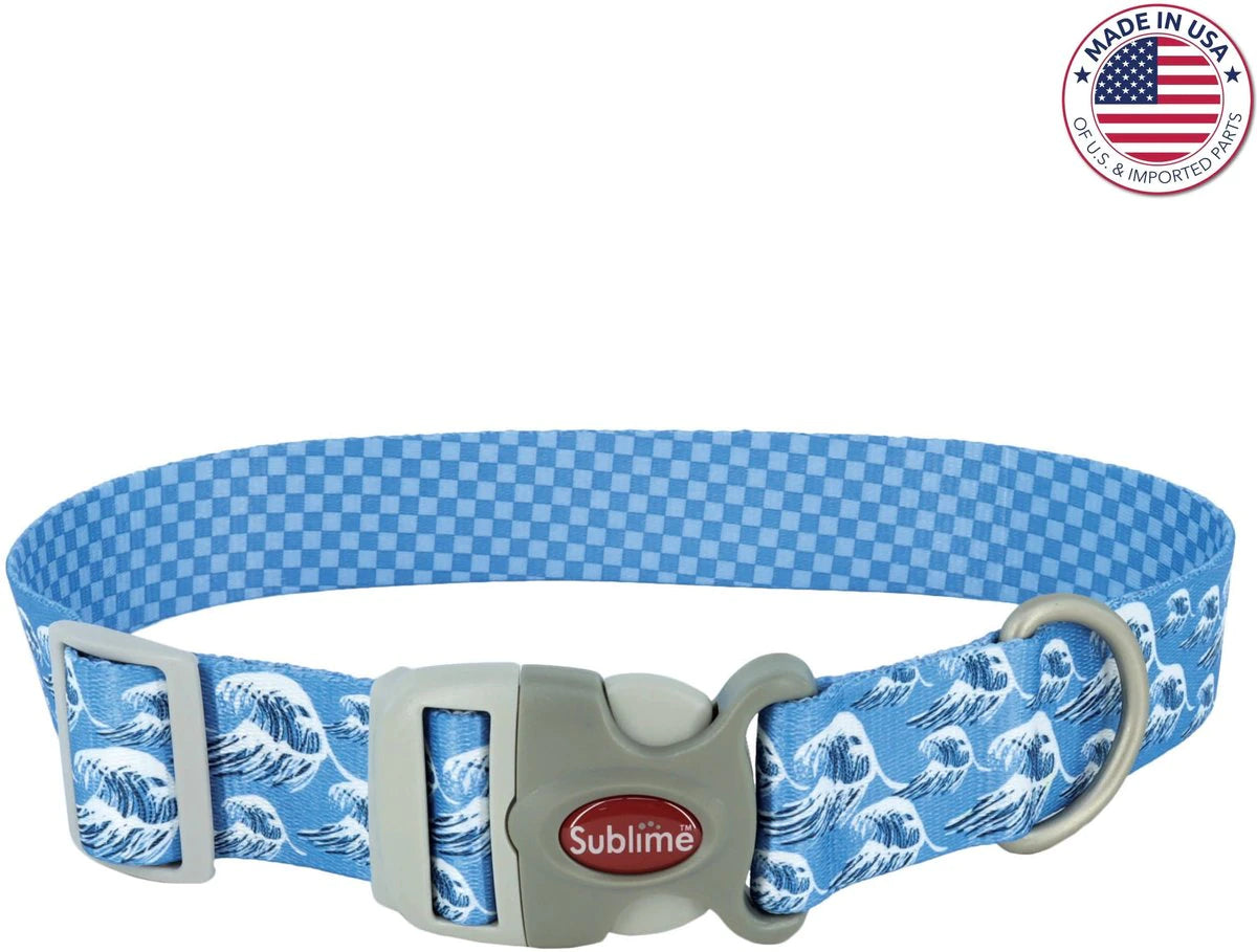 Coastal Sublime Adjustable Dog Collar - Blue Waves with Blue Checkers