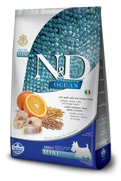 Farmina Ocean N&D Natural & Delicious Ancestral Grain Mini Adult Cod, Spelt, Oats & Orange Dry Dog Food