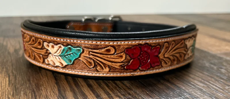 Handcrafted Padded Leather Tooled Dog Collar Red Leaf