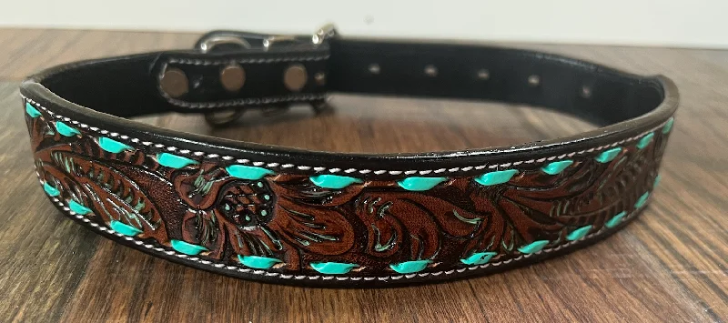 Leather Tooled Dog Collar with Teal Buckstitching