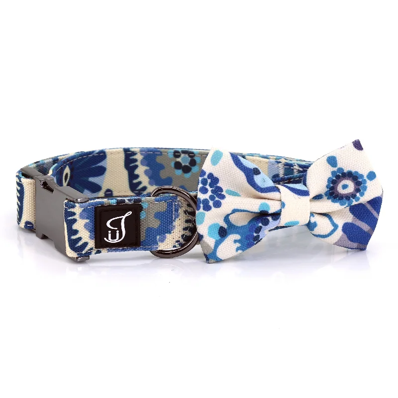 Blue Daisy Dog Collar with Bow Tie