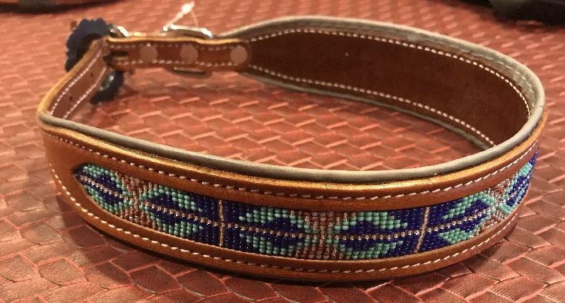 Genuine leather dog collar with a royal blue beaded inlay