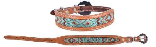 Genuine leather dog collar with teal beaded inlay